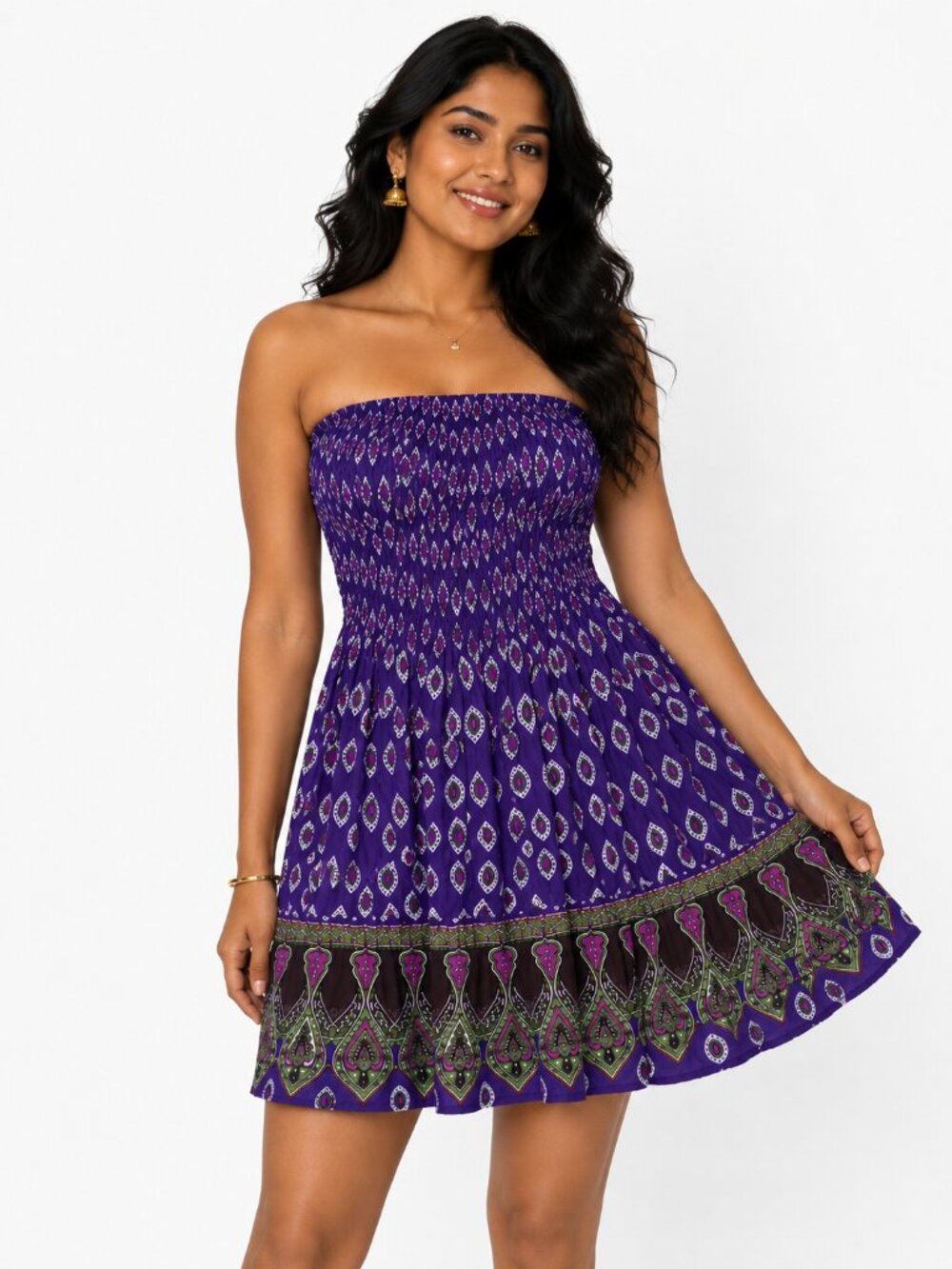 Boho Purple Paisley Strapless Mini Dress 100% Cotton Made in India